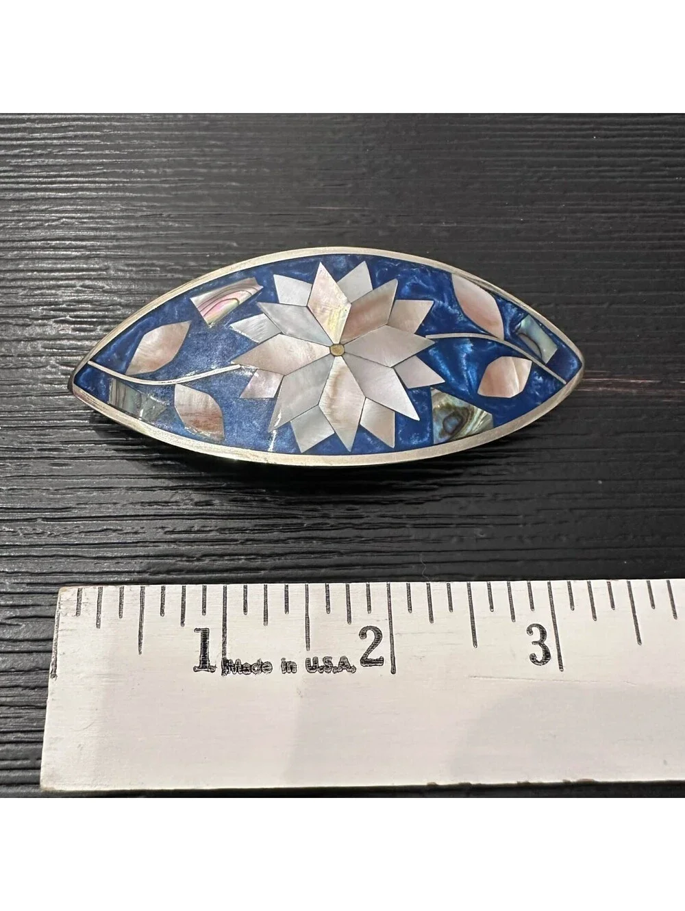 Vintage Alpaca Mexico Mother Of Pearl Abalone Inlay Floral Barrette Hair Clip